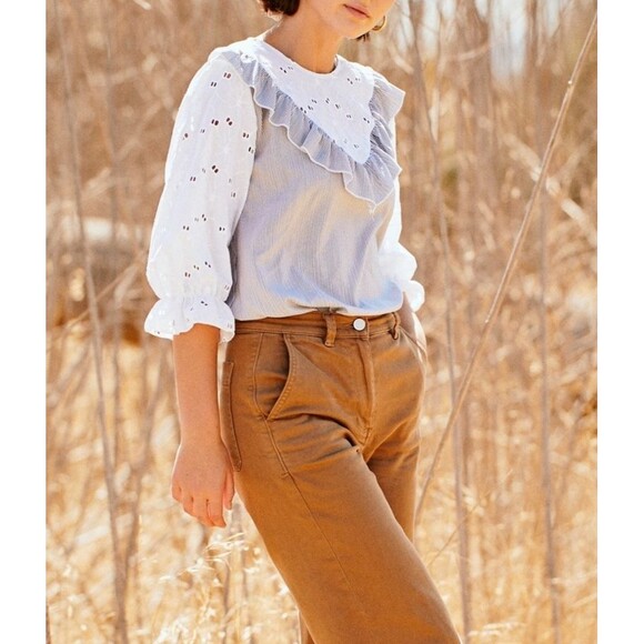 Women’s White Eyelet Ruffle Blouse Cotton Quarter Sleeve Top M - Picture 6 of 8